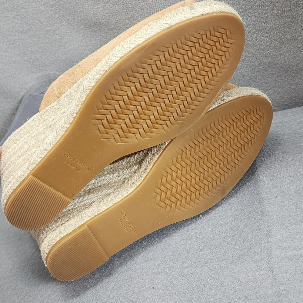 Cole Haan‎ Espadrille Wedge Sandals Tan Suede Peep Toe Slide W31552 Womens 9.5 B